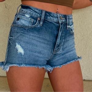 Blue Jean Shorts with Distressed Details and High-Waisted Cut